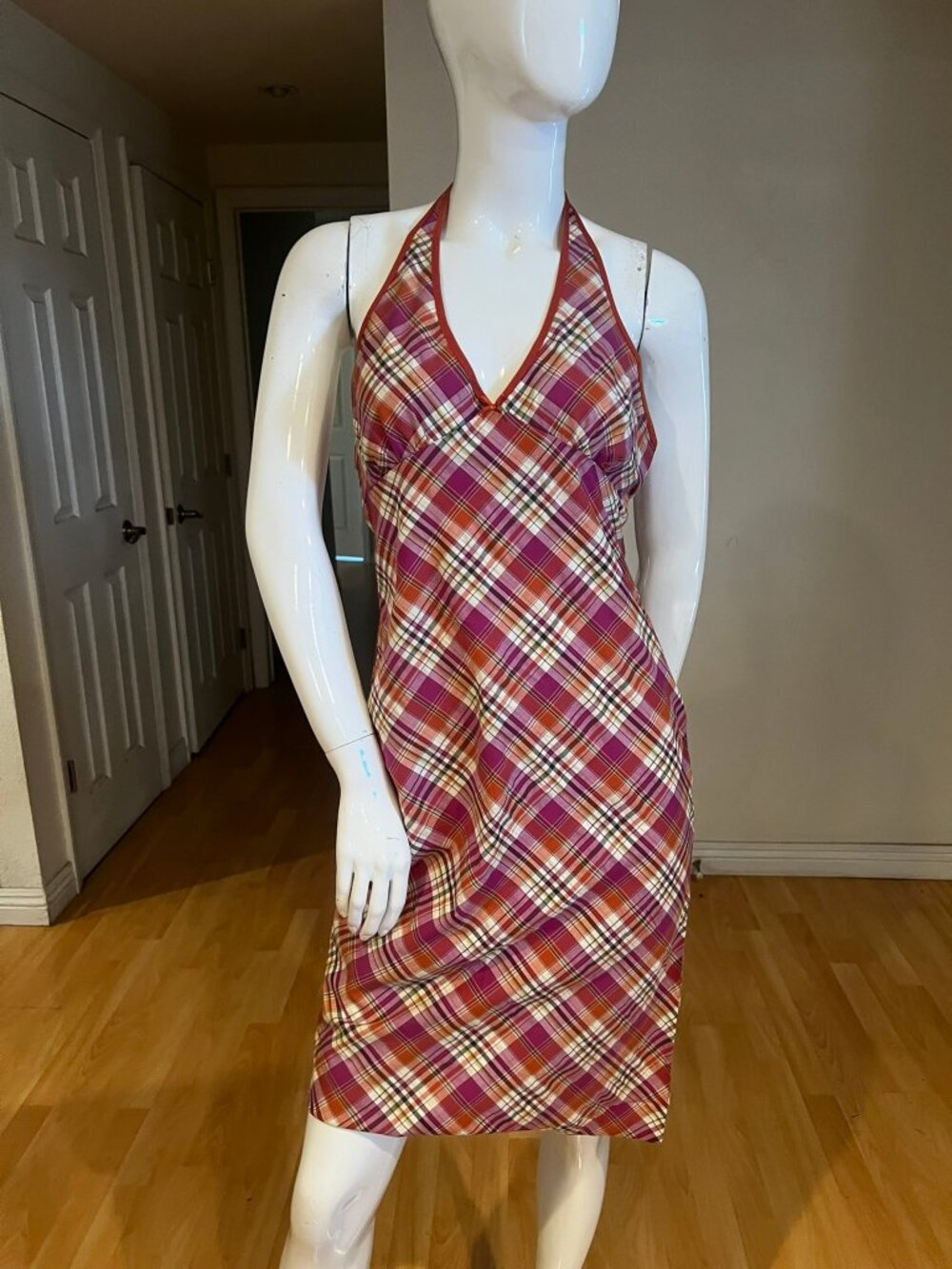 Y2K 90'S VINTAGE SUSANA MONACO HALTER GRUNGE BOHO PLAID DRESS SZ M MEDIUM
